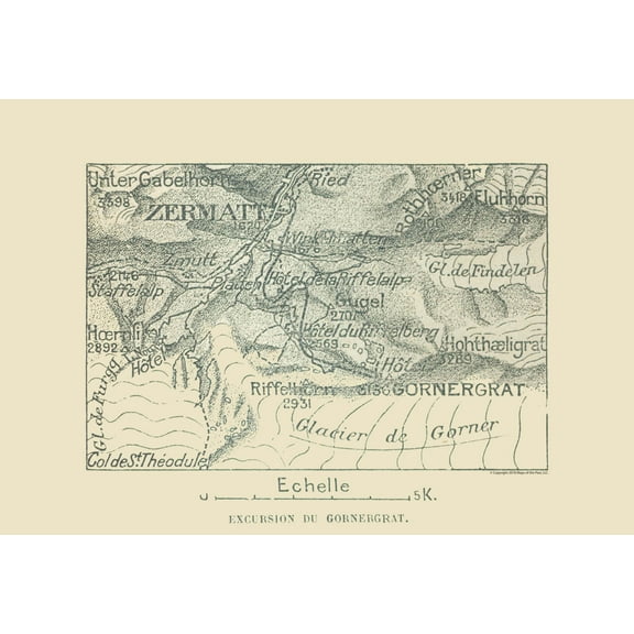 Historic Map - Gornergrat Switzerland - Swiss Guide 1917 - Vintage Wall Art