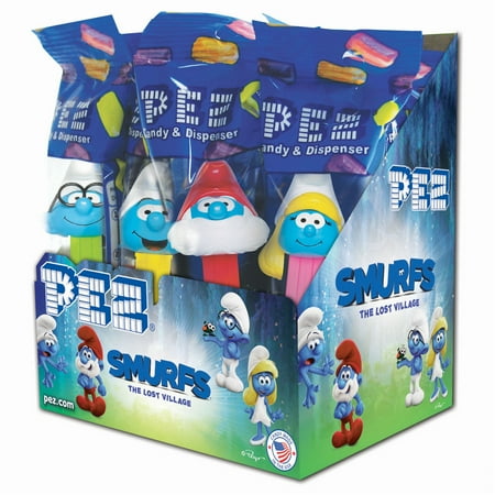 Chocolate Candy Dispenser - PEZ Candy Smurfs Assortment, candy dispenser plus 2 rolls of assorted fruit candy, box of 12