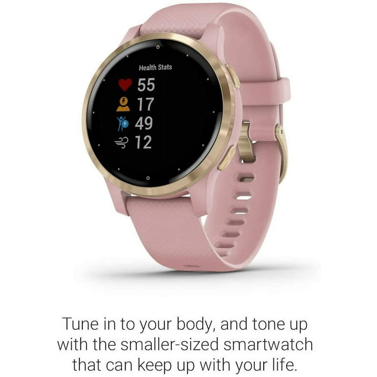Garmin Vivoactive 4S Smaller-Sized GPS Smartwatch Features Music Body  Energy Monitoring Pulse Ox Sensor Animated On-Screen  Workouts 5 ATM Water Rating Light Gold with Light Pink Band  