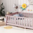 thumbnail image 6 of Twin Size Floor Bed Frame with Slats, Fence and Door,Rubber Wood Floor Bed with Safety Guardrails,Bed Frame for Girls, Boys, Close to the Floor,Easy to Assemble,No Box Spring Needed,Pink, 6 of 7