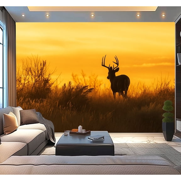 Peel and Stick Wallpaper Waterproof White Tail Buck silhouette sunrise Wall Mural Decor Self Adhesive and Removable 100in x 144in
