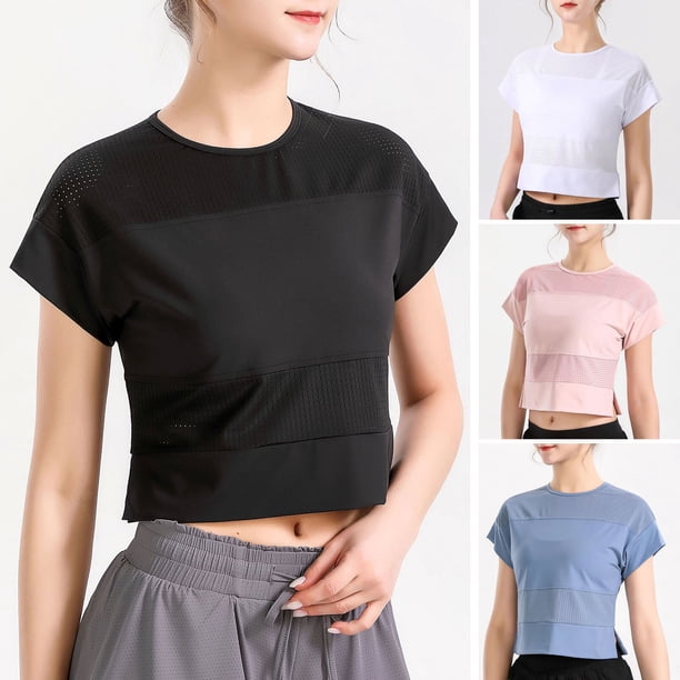 Camiseta deportiva de empalme de malla para mujer recortada manga corta transpirable para correr