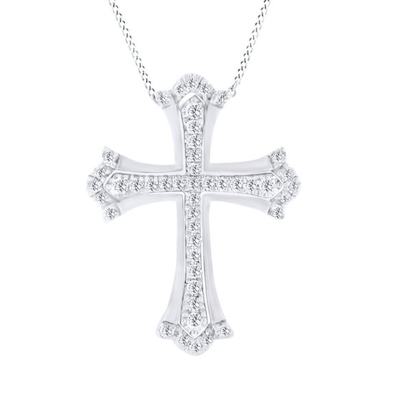 AFFY Round Cut White Natural Diamond Cross Pendant Necklace In 14k White Gold
