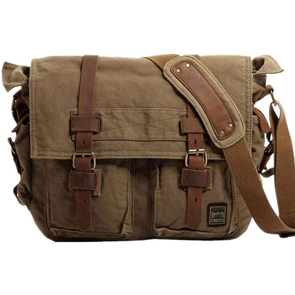 Berchirly Sac Messager Militaire pour Hommes 14,7 Pouces Sac à Bandoulière en Toile Cuir pour Voyage