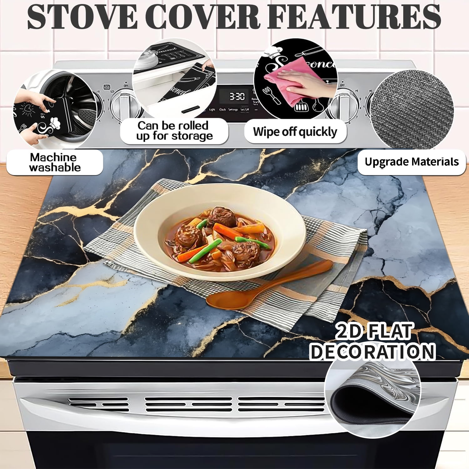 28x20 Inches Stove Top Covers for Electric Stove Black marble - Glass Stove Top Cover