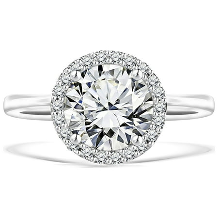 JeenMata 2 Carat Round Cut Moissanite Prongs Halo Engagement Ring in 18K White Gold over Silver