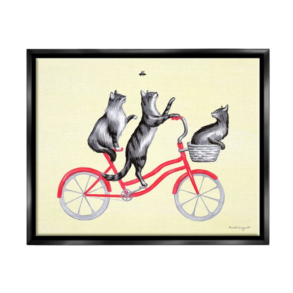 Stupell Industries Playful Cats Riding Red Bicycle Buzzing Bee Graphic Art Jet Black Floating Framed Canvas Print Wall Art, Design by Amelie Legault