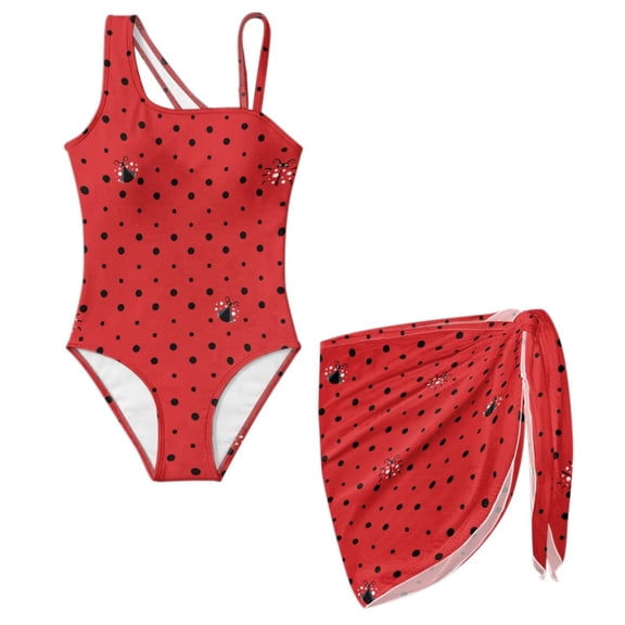 Uourmeti Ladybug Girls Swimsuit Adjustable Straps One Piece Bathing Suit with Beach Sarong Wrap Skirt Beach Tankini Swimwear Sport Gymnastics Leotards, 7-18 Years Old