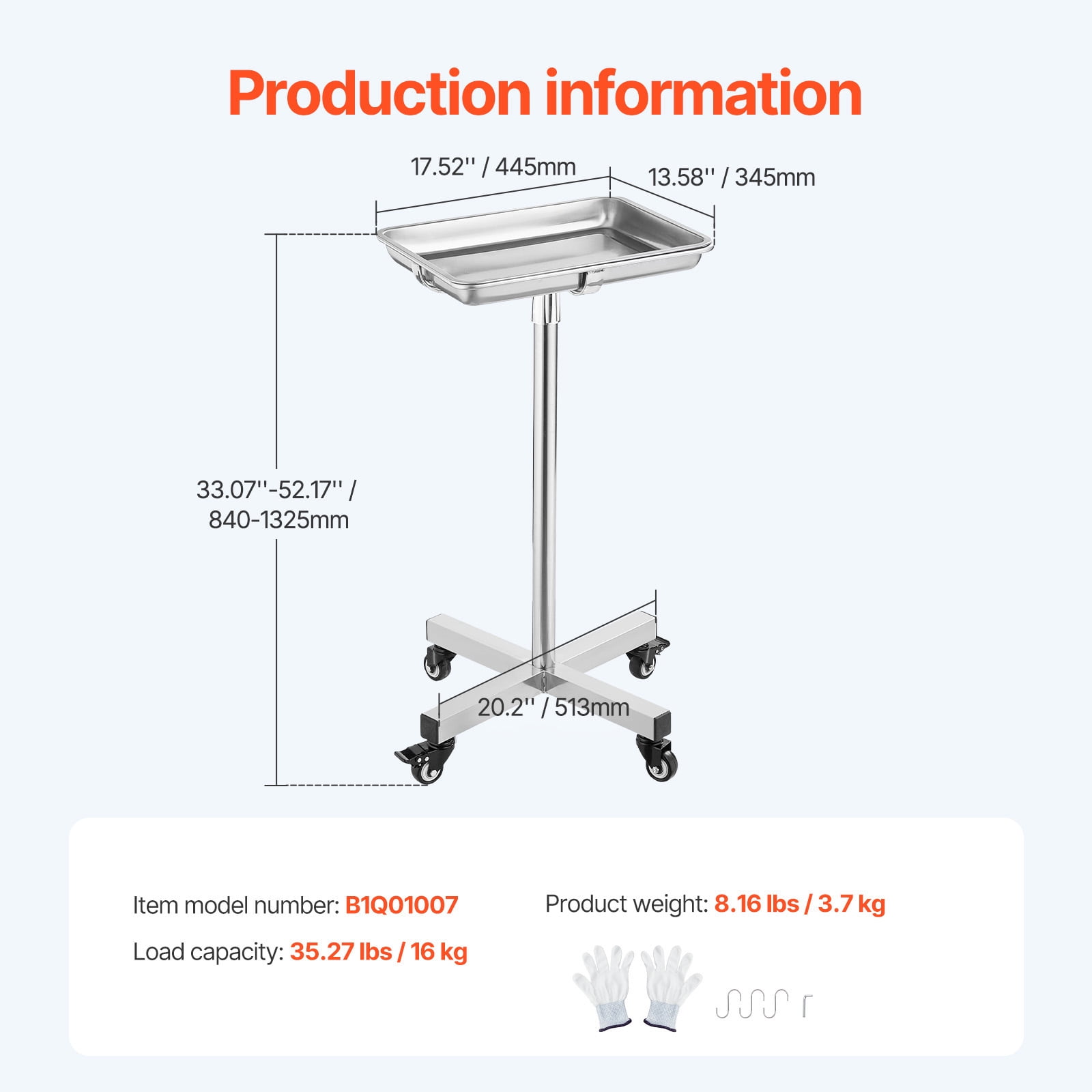 KFFKFF Mayo Stand, Crafted from Stainless Steel, Can Bear Weight up to 35 lbs, Height Flexibility 25.2"-39.8", Mobile Medical Tray with Detachable Tray, Ideal for Spa, Salon, Clinic