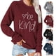 thumbnail image 4 of Sudadera de mujer con cuello redondo, jersey de manga larga con estampado Be Kind, blusa holgada informal para mujer, rojo vino S, 4 of 6