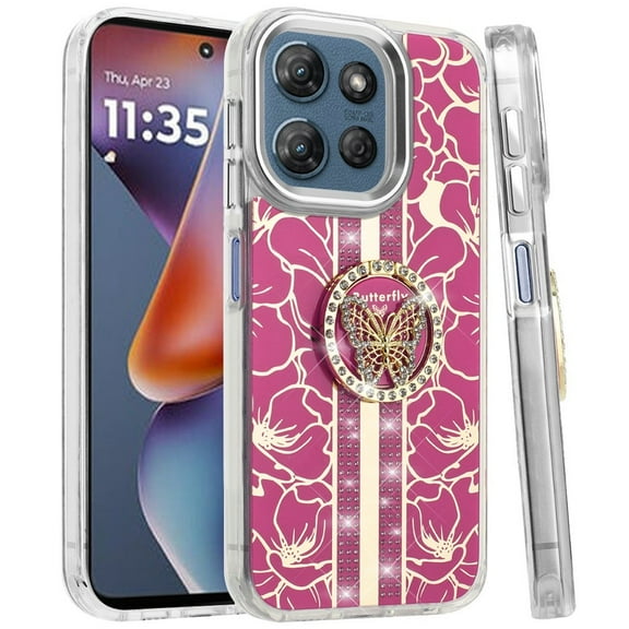 XPM for Motorola Moto G 5G 2025 Phone Case, Diamonds 3D Butterfly Floral Design Bling Sparkly Glitter Hybrid Metal Fashion with Ring Stand Cover for Moto G 5G (2025) (Hot Pink)