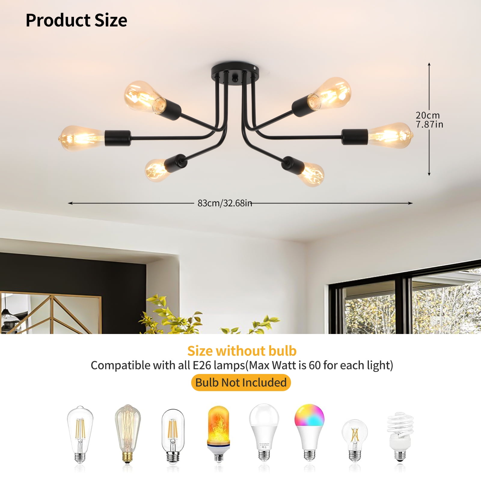 HALIGATE 6 Lights Sputnik Semi Flush Mount Ceiling Light Matte Black Modern Edison Chandelier Industrial Close to Ceiling Light for Farmhouse Dining Room Kitchen Bedroom Living Room Study