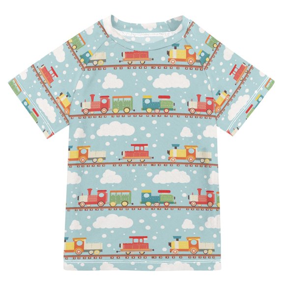 FORMRS Boys Rash Guard Short Sleeves Swim Shirt Quick Dry UPF 50 Sun Protection, Sizes 3-12T, Red Trains Pattern
