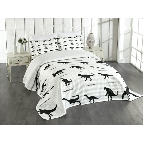 Ambesonne Dinosaur Quilted Bedspread Set 3 Pcs, Evolution of Wildlife, Queen Size, Black White