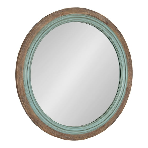 Kate and Laurel Palmer Rustic Farmhouse Round Wooden Mirror, 26 Inch Diameter, Blue and Rustic Brown, Modern Circle Decorative Wall Mirror with Paint Distressing