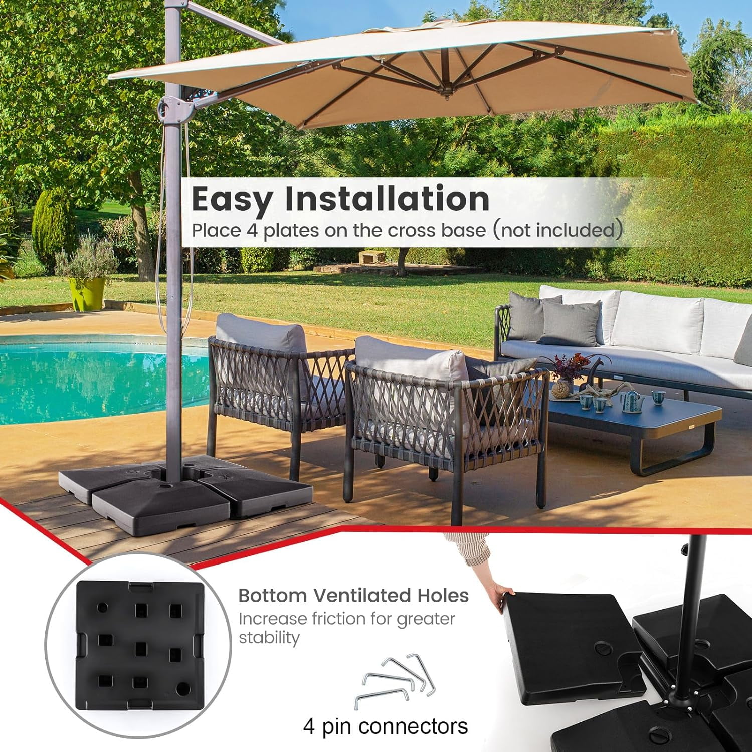 GetRich 284 lbs Fillable Offset Patio Umbrella Base, 4PCS Umbrella Stand Water Sand Weight for Cantilever Umbrella, 4 Connecting Pins, Easy-Filling Spouts, Outdoor Market Umbrella Holder for Garden