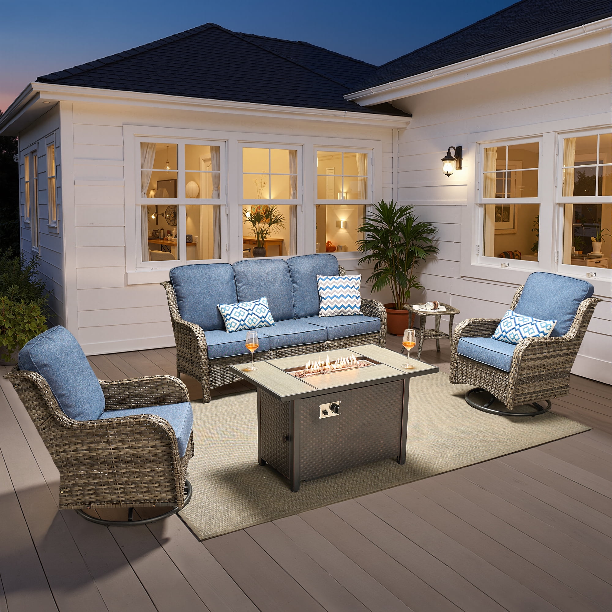 Ovios 5 Piece Outdoor Patio Furniture Set All-Weather Wicker Rattan Conversation Set with High Back Swivel Chairs & Propane Fire Pit Table, Denim Blue