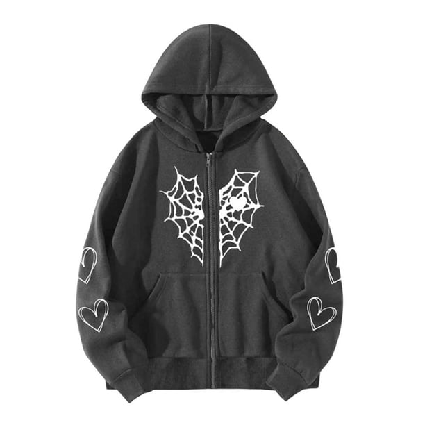 Chaqueta de calle para mujer Sunloudy, abrigo de sudadera con capucha y cremallera con estampado de patrón de telaraña de estilo gótico de gran tamaño de manga larga Sunloudy S M L