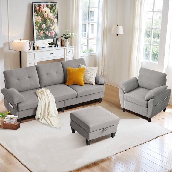 Soscana 2 Piece Sectional Sofa Set, Modern Linen Small L Shaped Couch with Storage Ottoman, 3-Seater Sofa & Armchair for Living Room, Office, Apartment