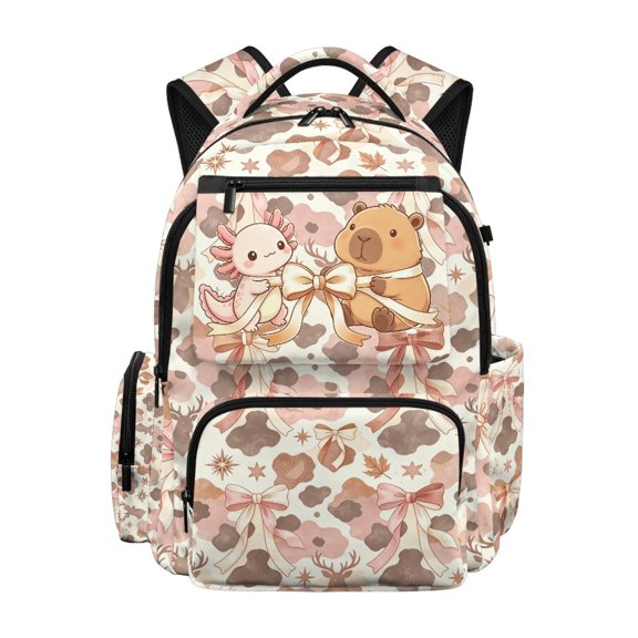 FUIALDOLG Cute Capybara Axolotl Kids Backpack 17 Inch, Multi Pocket Durable Bookbag for Girls, Daily School and Hiking Trips