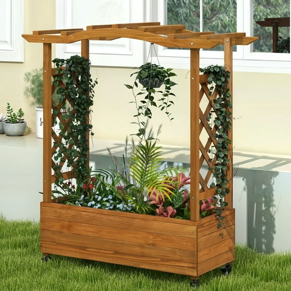 Dextrus Raised Garden Bed with Trellis Hanging Roof, Wood Planter Box with Drainage Holes and Wheels for Climbing Plants Flowers, Brown