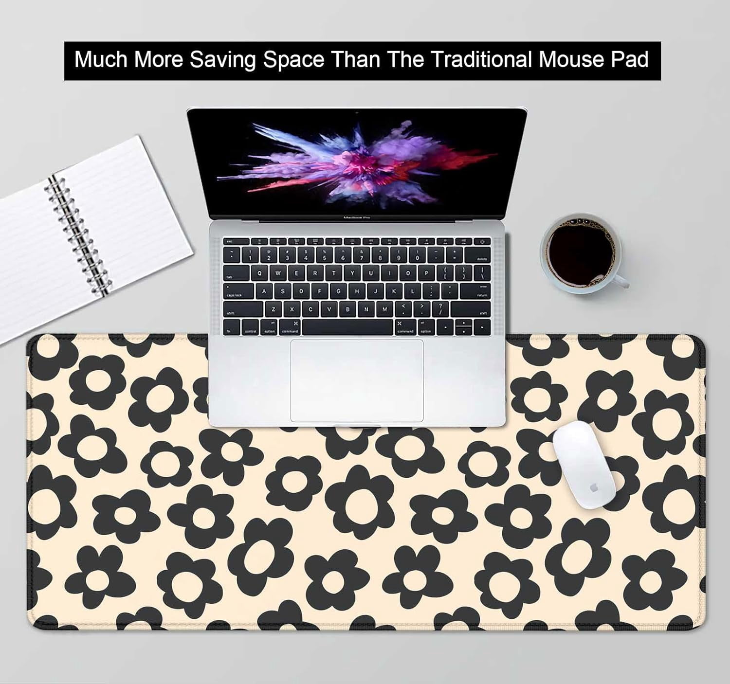 Abstract Black Flowers Large Mouse Pad for Desk, Vintage Floral Pattern Desk Pad, Cute Gaming Mouse Pad XXL, Full Desk Mouse Pad Desk Mat, 35.4 x 15.7 in