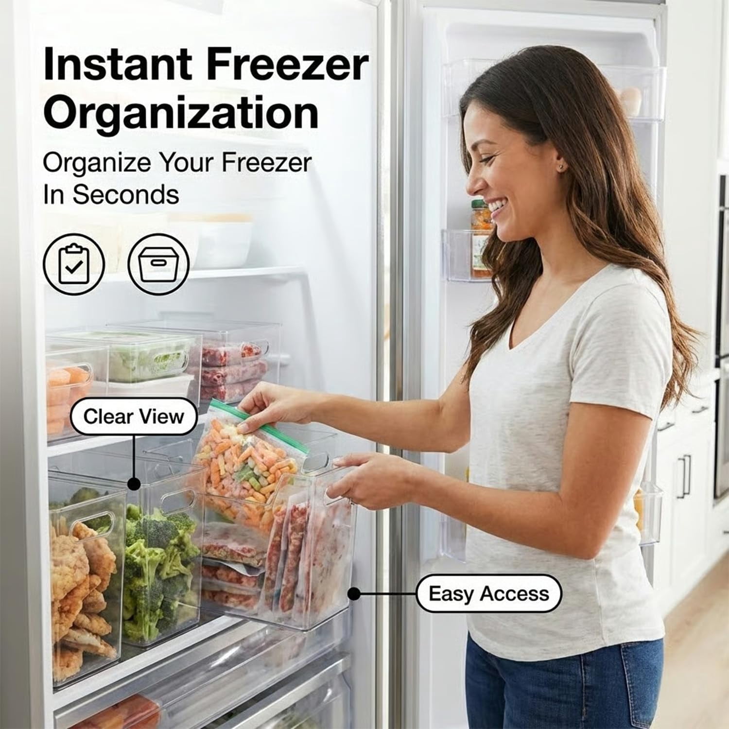 Crystal Clear Freezer Storage Bins, Stackable Fridge & Pantry Organizers with Built-in Handles, BPA-Free Containers for Produce & Meat