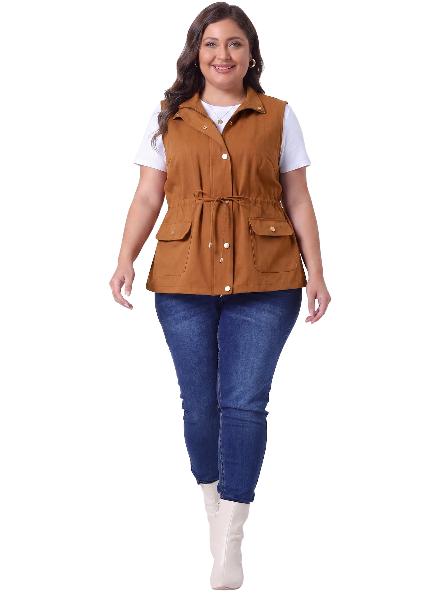 DARING DIVA Women's Plus Size Lightweight Sleeveless Anorak Cargo Vest 2X Caramel