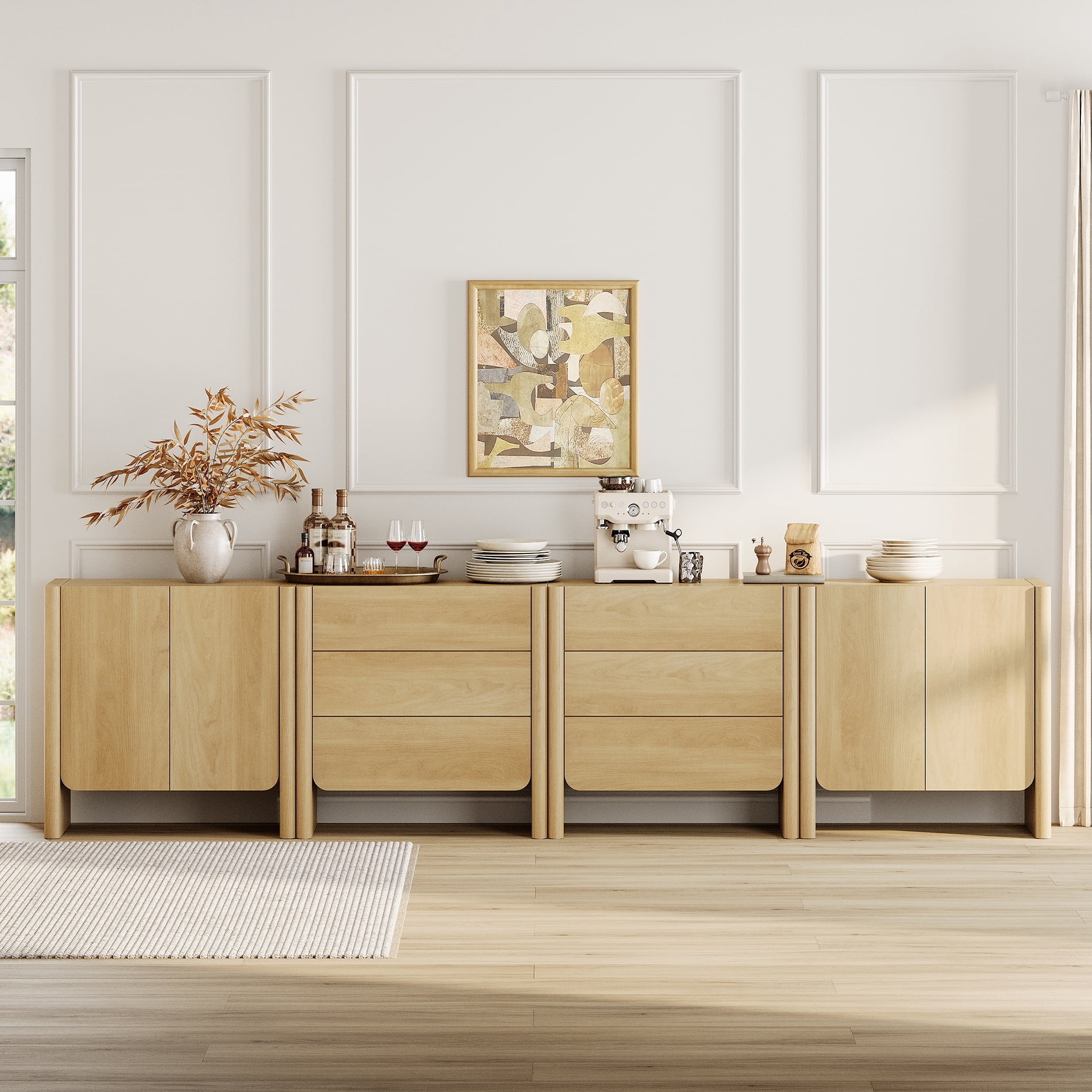 Modern French TV Stand, 126-Inch 4-Piece Media Console with 4 Doors and 6 Drawers, Supports TVs up to 130 Inches, Oak