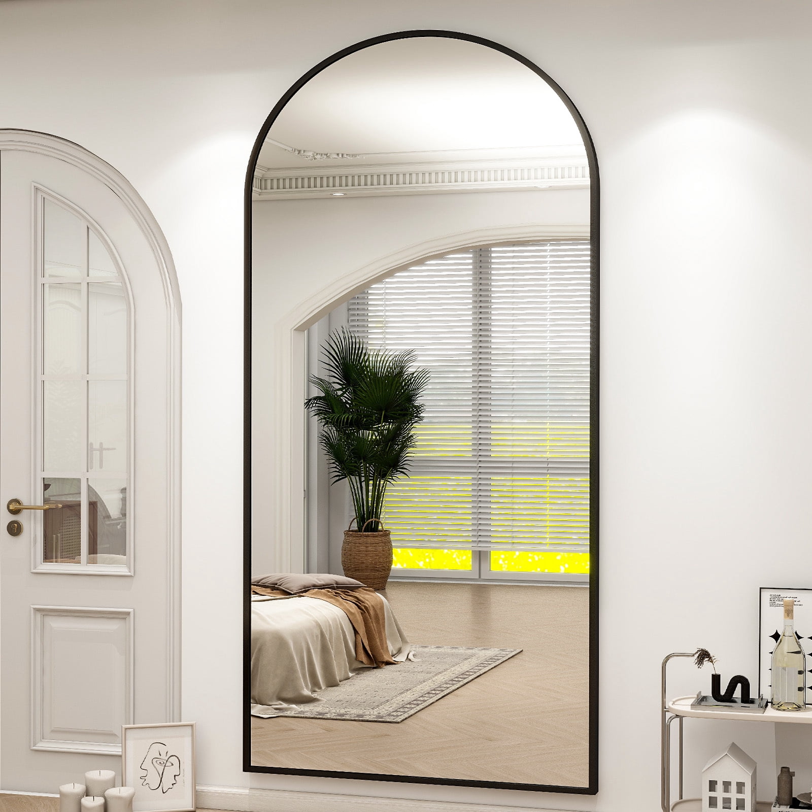 Anyrose 34"x76" Full Length Mirror with Arch-Top Standing Mirror Wall Mounted, Black