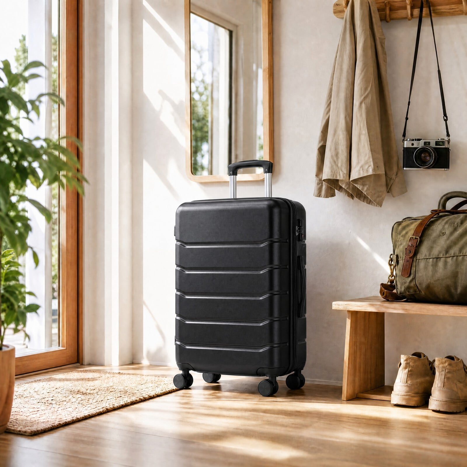 Kelno Carry On Luggage with Spinner Wheels ABS Hard Shell Suitcase Expandable Rolling Luggage with TSA Lock, Black