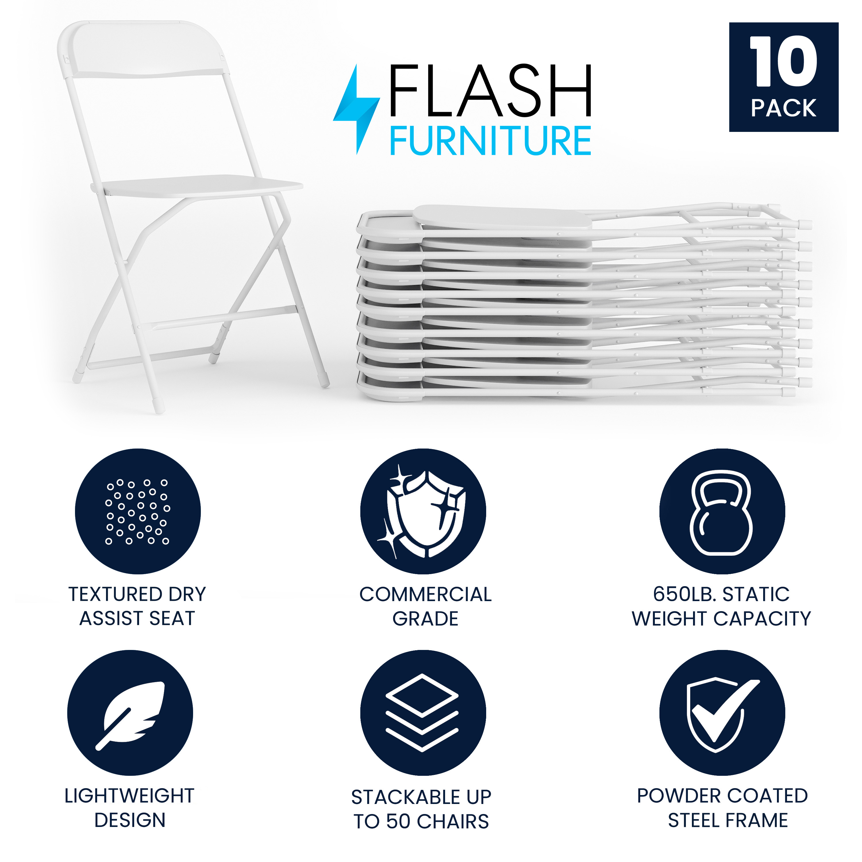 Flash Furniture Hercules Series Plastic Folding Event Chairs for Adults, Set of 10, White