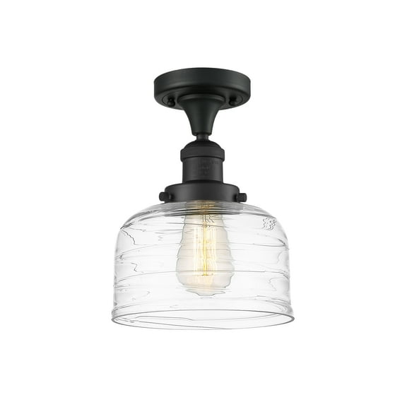 Innovations Lighting  Bell - 1 Light 8" Semi-Flush Mount Matte Black/Clear Deco Swirl