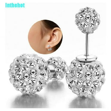 Designice Fashion Womens 925 Sterling Silver Double Crystal Ball Ear Stud Earrings Jewelry