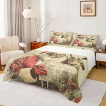 Homewish Retro Santa Claus Twin Sheet Sets, Christmas Reindeer Elk Twin Fitted Sheet, Fairy Tale Theme Flat Sheet, Super Cozy Room Decor, 3-Piece