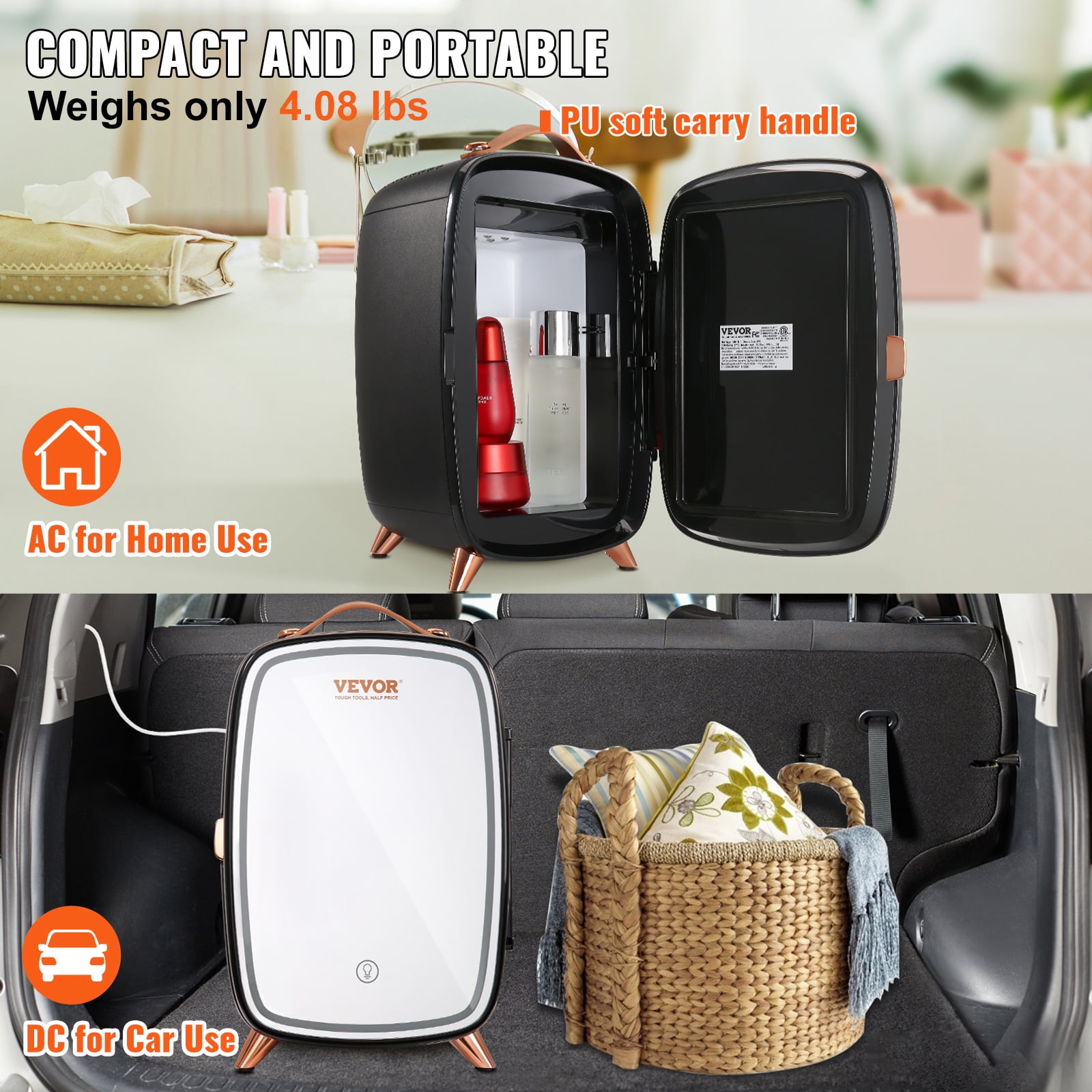 VEVOR Mini Fridge, 6L Skincare Fridge with LED light and HD Mirror, AC/DC Makeup Fridges for Skin Care, Cosmetic Storage, Chill Face Mask Drink, Small Refrigerator for Bedroom Dorm Desktop, Black