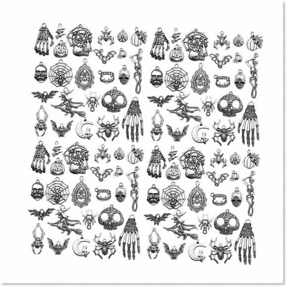 Enchanting Halloween Charms Set - 80pcs Antique Silver Pumpkin, Ghost, Wizard Hat, Bat, Skull, Skeleton Charms for DIY Jewelry Making - M722