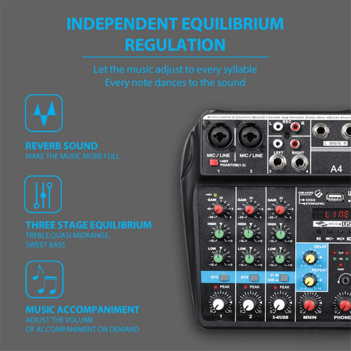 Professional 4 Channel Digital Mixer Sound Card Microphone Mobile Phone Live Broadcast Recording DJ Audio Equipment(US),1 * 4-channel mixer USB sound card with reverb,Black