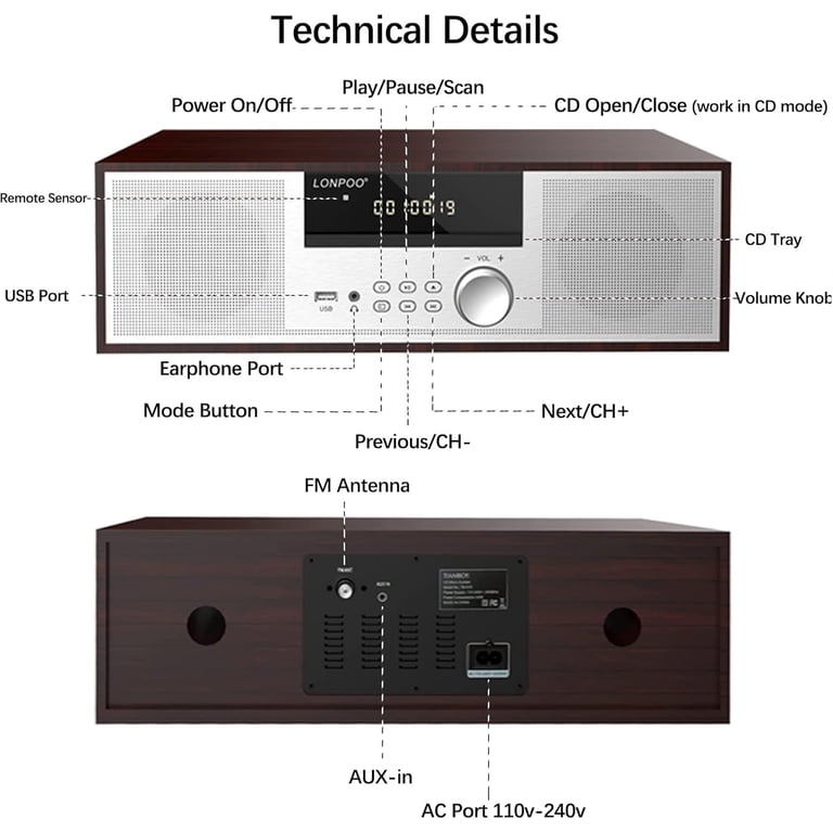 LONPOO LP-816 Bluetooth Home Stereo System, 40W RMS CD & FM Radio