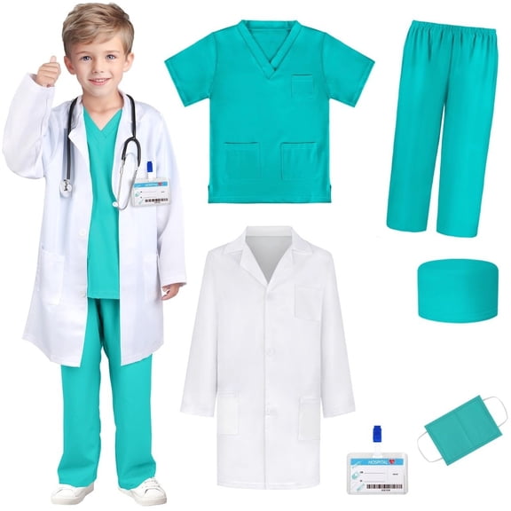 Doctor Costume for Kids, Nurse Scrub Set Doctor Coat with Accessories, Doctor Dress Up Cosplay Outfits for Boys Girls 3-12 Years