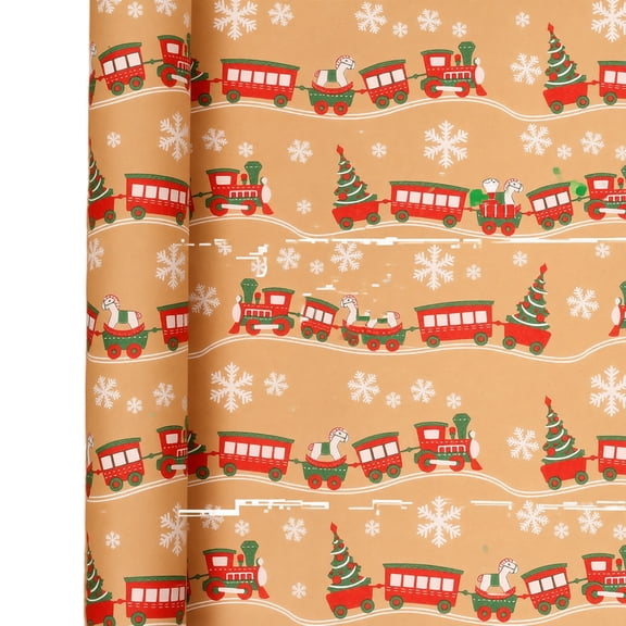 Vintage Christmas Wrapping Paper with Train Pattern, 1 Roll of 17 Inches X 9.8 Feet (43Cm X 3M), Brown Kraft Paper, for Holiday Gift Wrapping