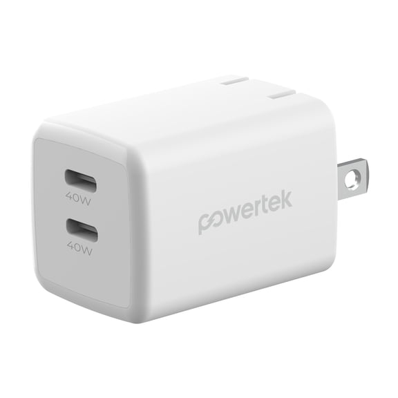 Powertek 40W Dual USB-C Square Wall Charger, Fast Charging Power Delivery, White
