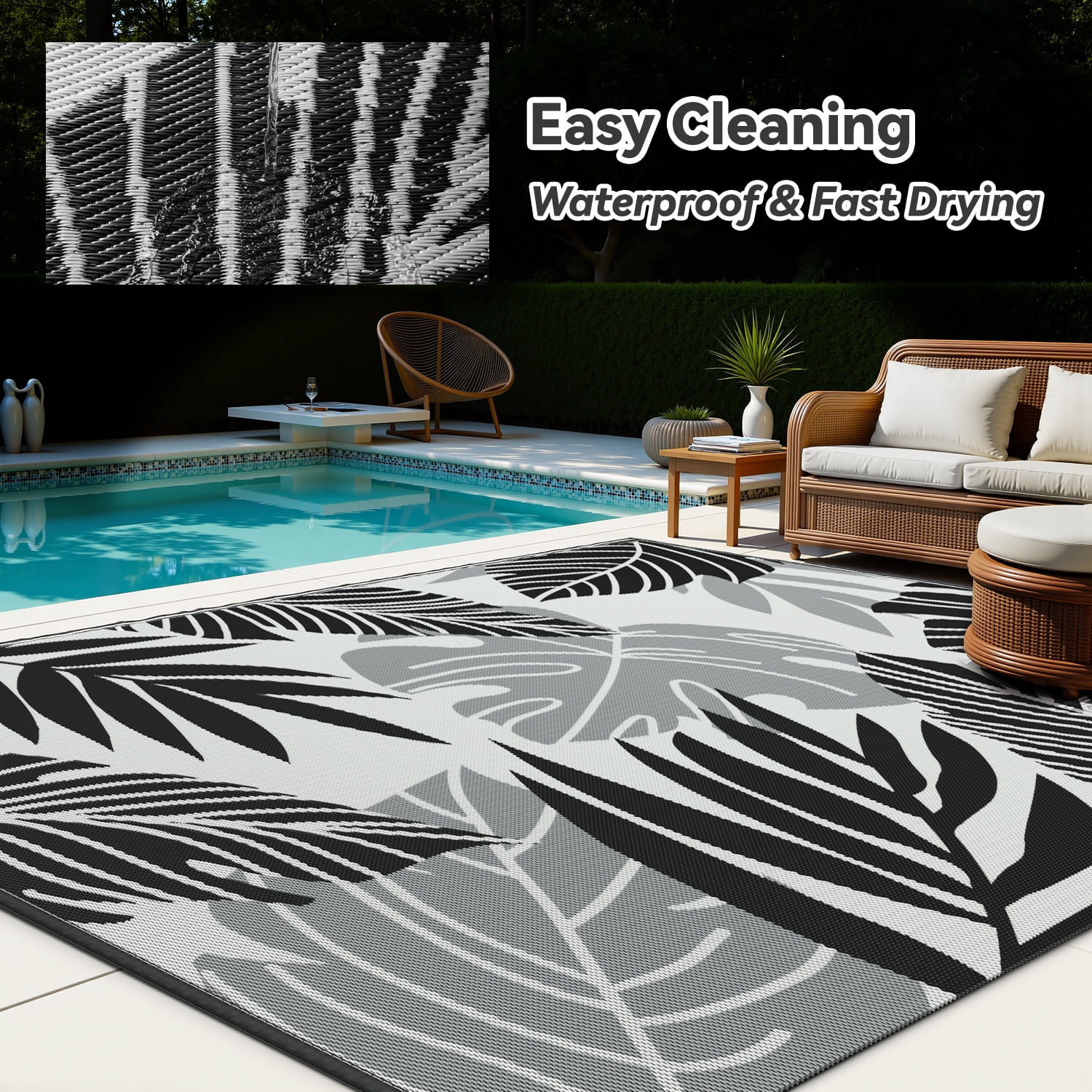 VUNATE Outdoor Rug Carpet 5'x8' Waterproof Reversible Patio Rug Portable Indoor Outdoor Rug Plastic Straw Rug for Beach RV Camping Garden Picnic Deck Backyard Tropical Porch Decor Gray and Black