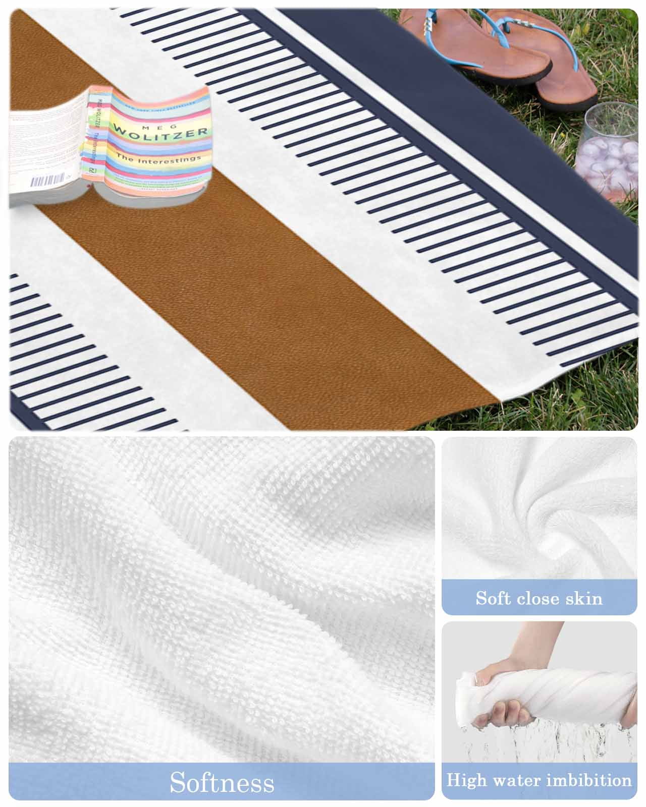Modern Brown Blue Beach Towels Oversized Super Absorbent, Boho Contemporary Geometric Striped Lightweight Bath Towel Quick Dry Sets For Bathroom/Pool/Rv Camping/Beach Play/Gym Room/Picnic 31"x62"