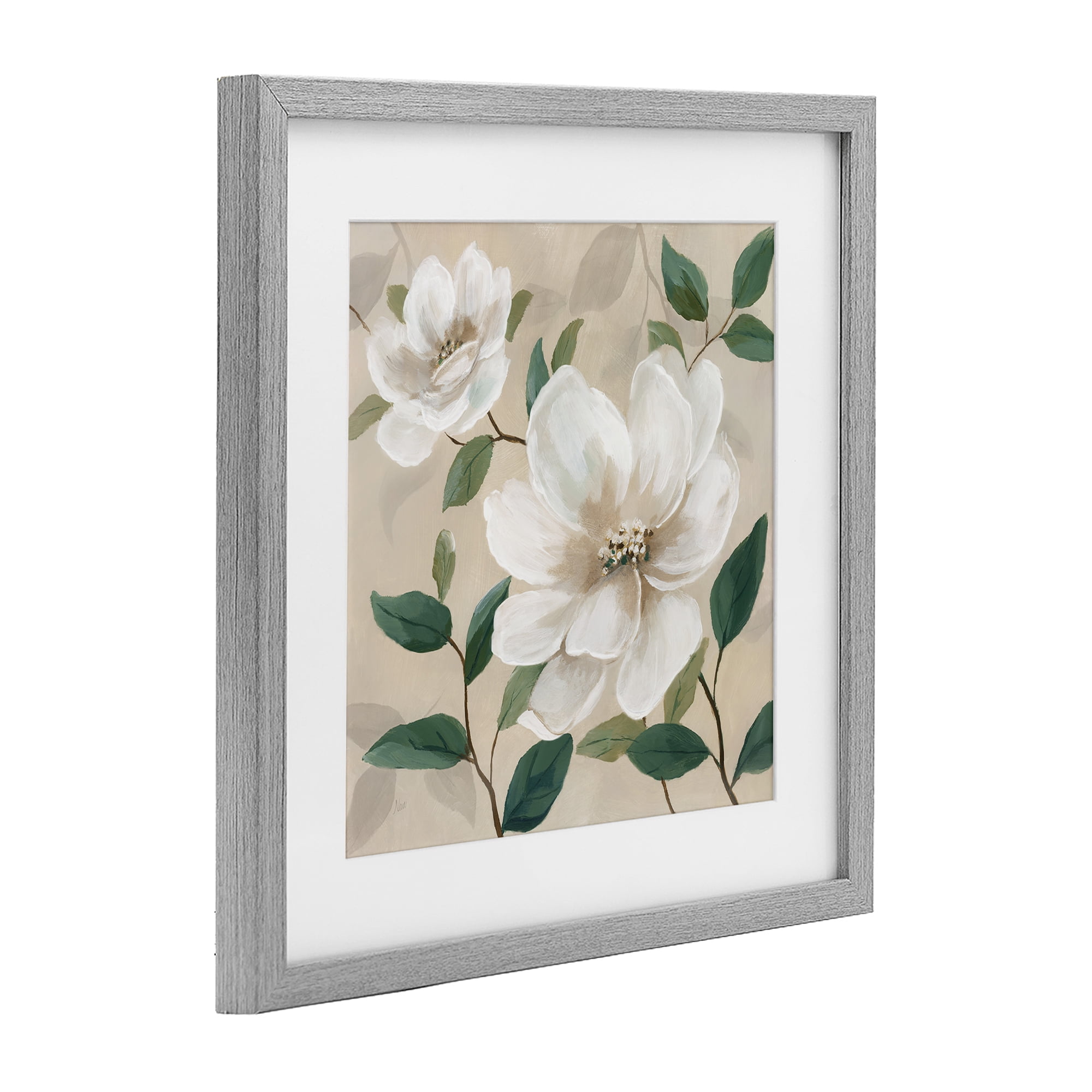 Stupell Industries Serene White Blossom with Leaves Gray Framed Print Under Glass, design by Nan