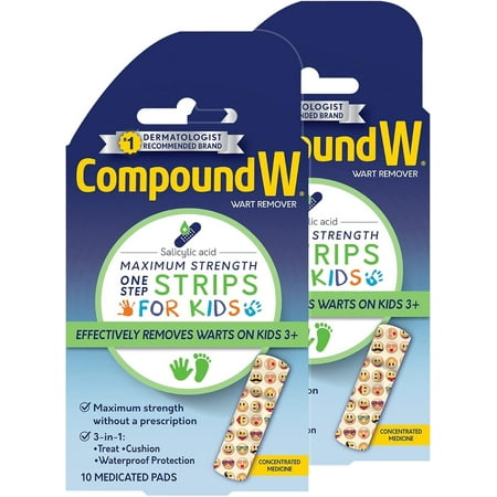 Compound W One Step Wart Remover Strips for Kids, 10 Medicated Strips for Wart Removal, 2 Pack