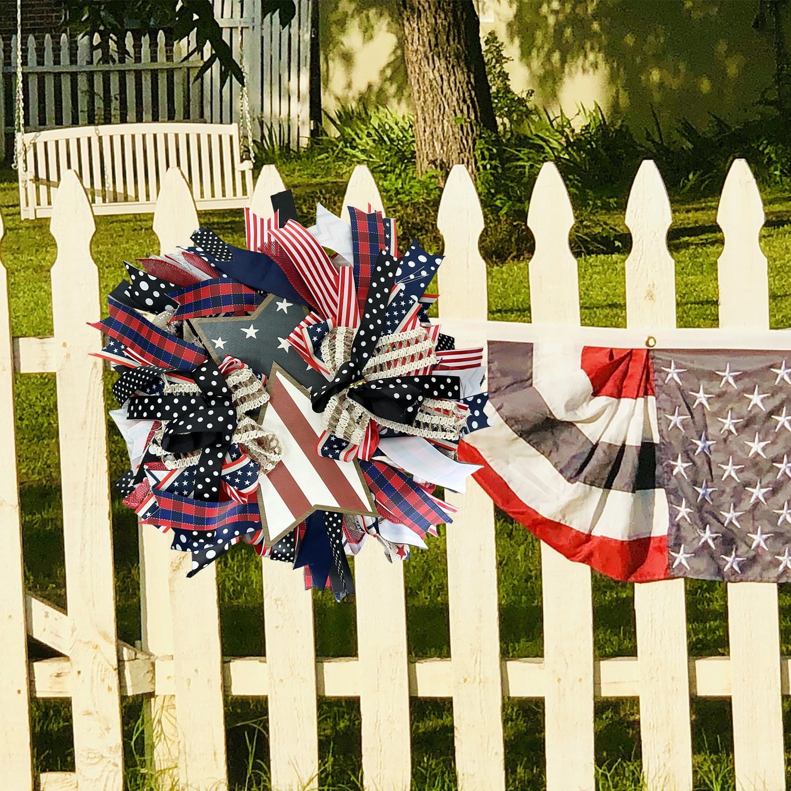 17.7 Inch Ribbon Independence Day Front Door Wreath Welcome Sign Door Hangers Anniversary Patriotic Wreath Red White and Blue 4th Of July Garland for Home Wall Porch