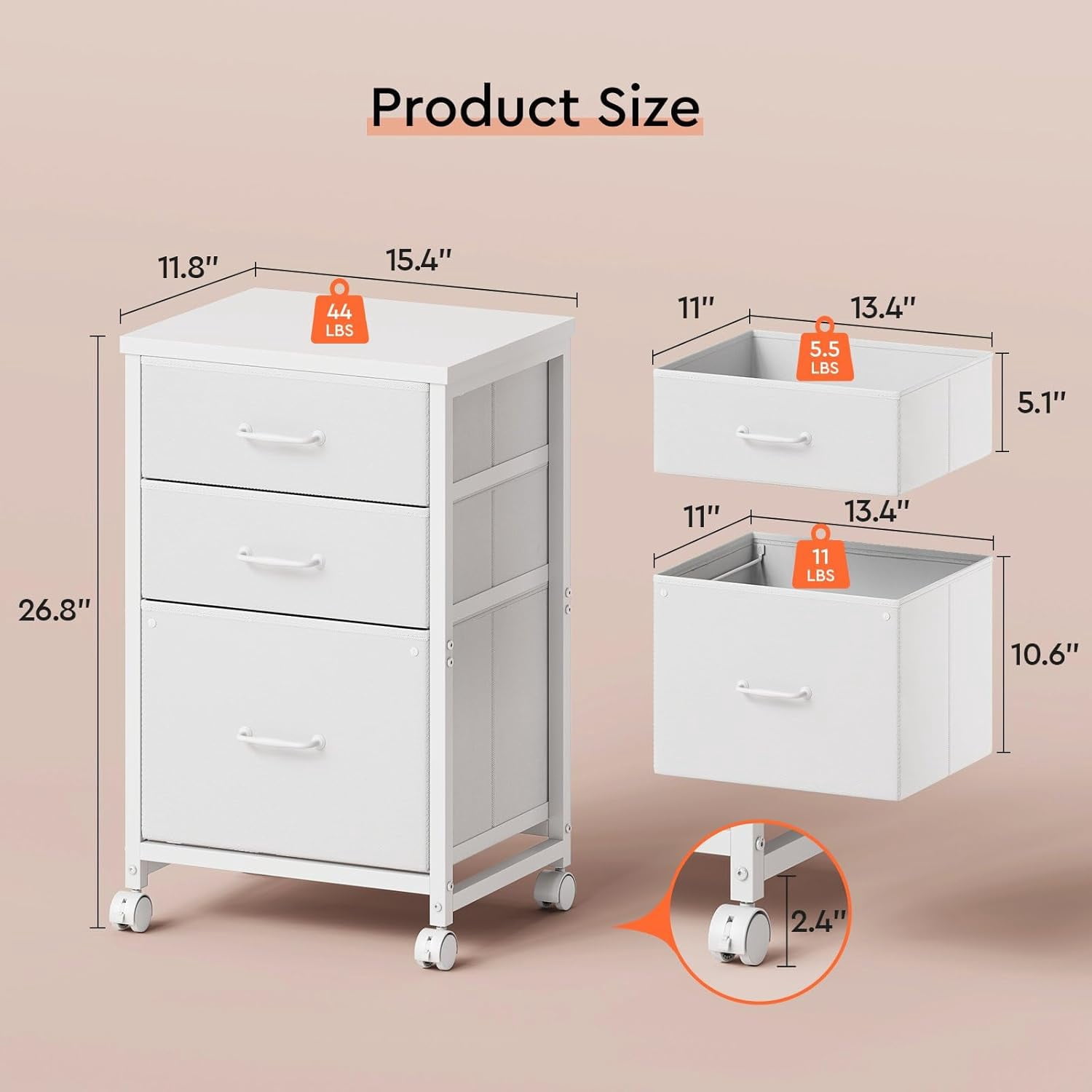 3 Drawer Mobile File Cabinet with Wheels Fabric Vertical Filing Cabinet fits A4 or Letter Size for Home Office,White