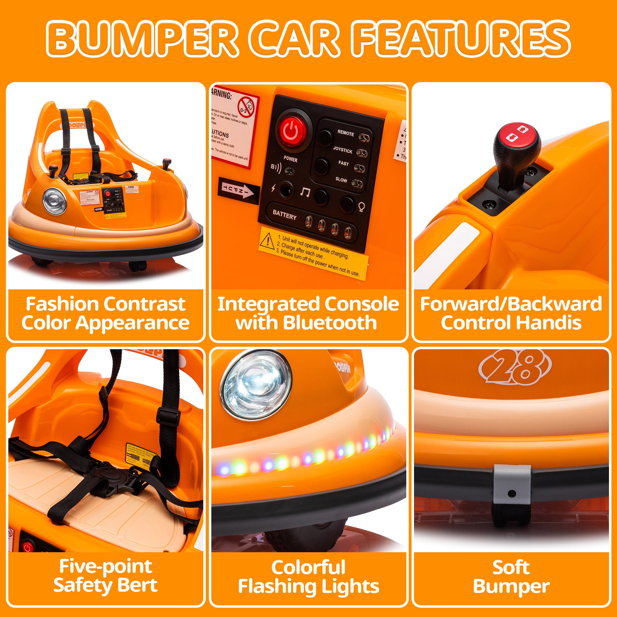 iRerts 12V Bumper Car for Kids, Battery Powered Ride On Bumper Car with Remote Control, Kids Ride on Toys for 1.5-5 Year Old Boys Girls, Kids Electric Car with Bluetooth, Music, LED Light, Orange