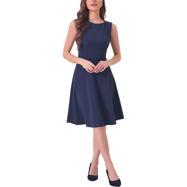 Vestido sin mangas de corte ajustado para mujer INSPIRE CHIC, con cuello barco, casual, para oficina, talla XS, azul oscuro